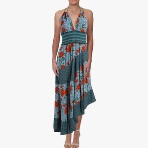 Free People Womens Gabriela Patchwork Printed Halter Slip Dress Blue Combo Small
